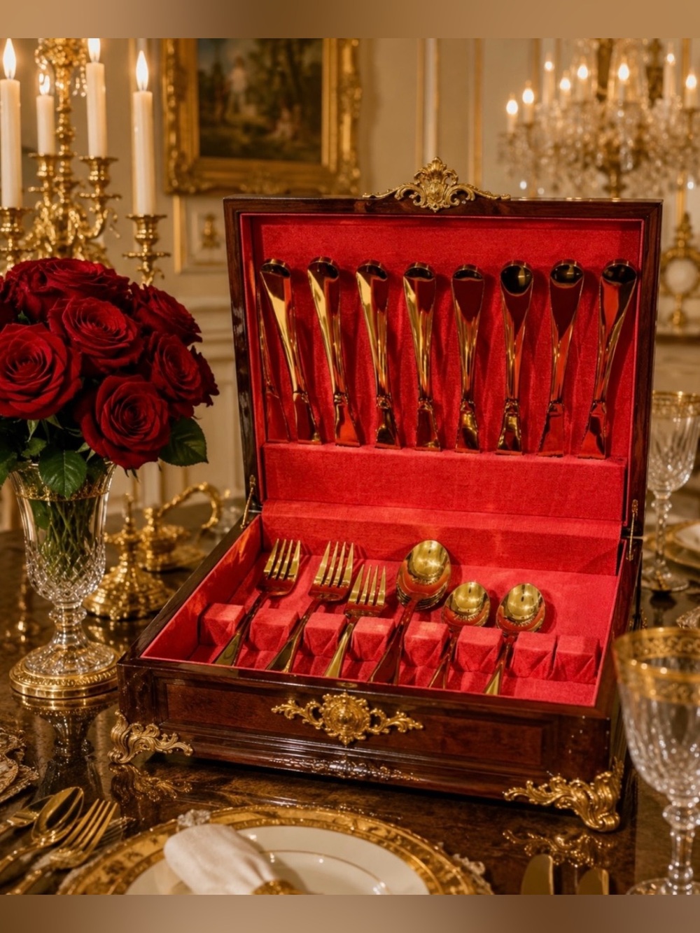 Original Vintage Gold Golden Flatware Silverware Fine Art Utensils Service for 8